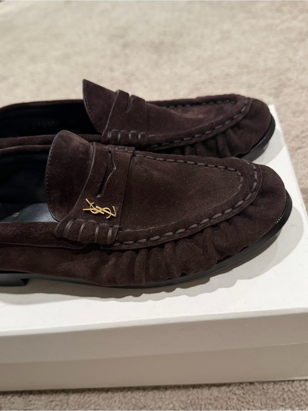 Saint Laurent Dark Brown Suede Penny Loafers with Gold YSL Logo
